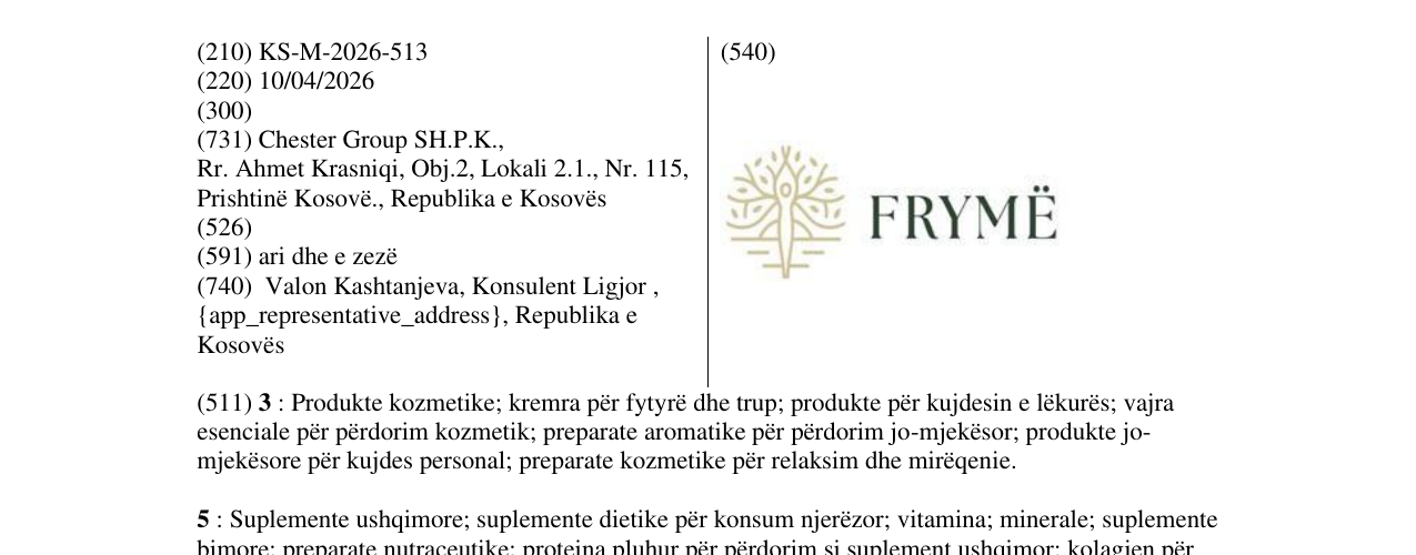 Zëri i markës KS/M/2026/513 në buletin