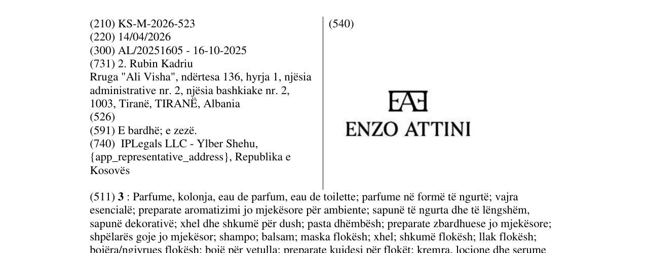 Zëri i markës KS/M/2026/523 në buletin