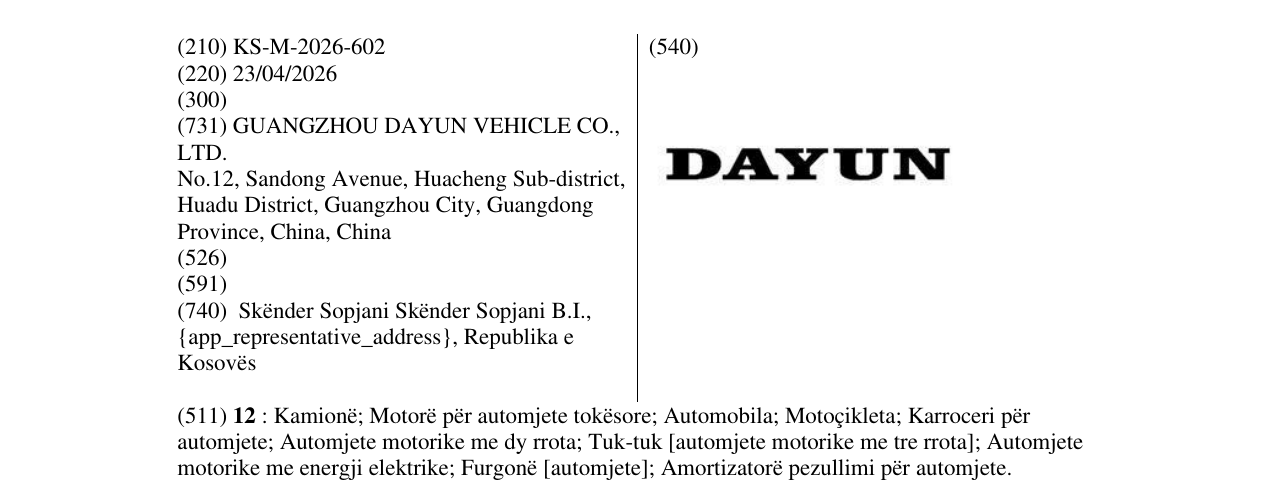 Zëri i markës KS/M/2026/602 në buletin
