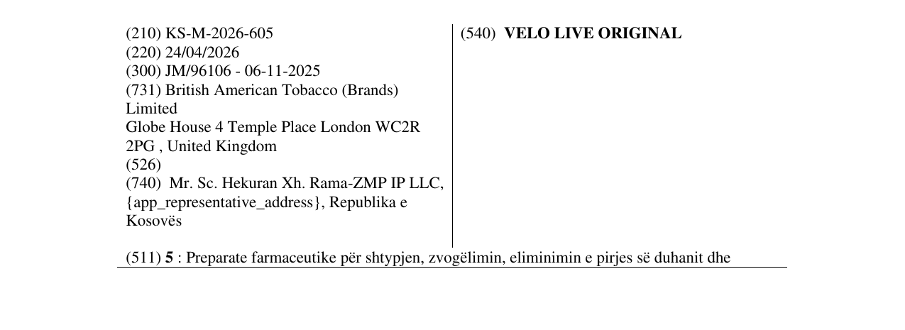 Zëri i markës VELO LIVE ORIGINAL në buletin
