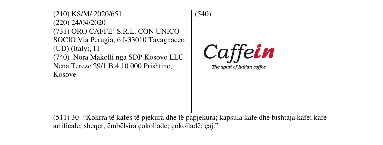Zëri i markës Caffe in në buletin