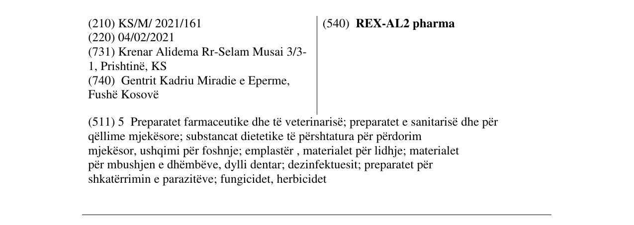Zëri i markës REX-AL2 pharma në buletin