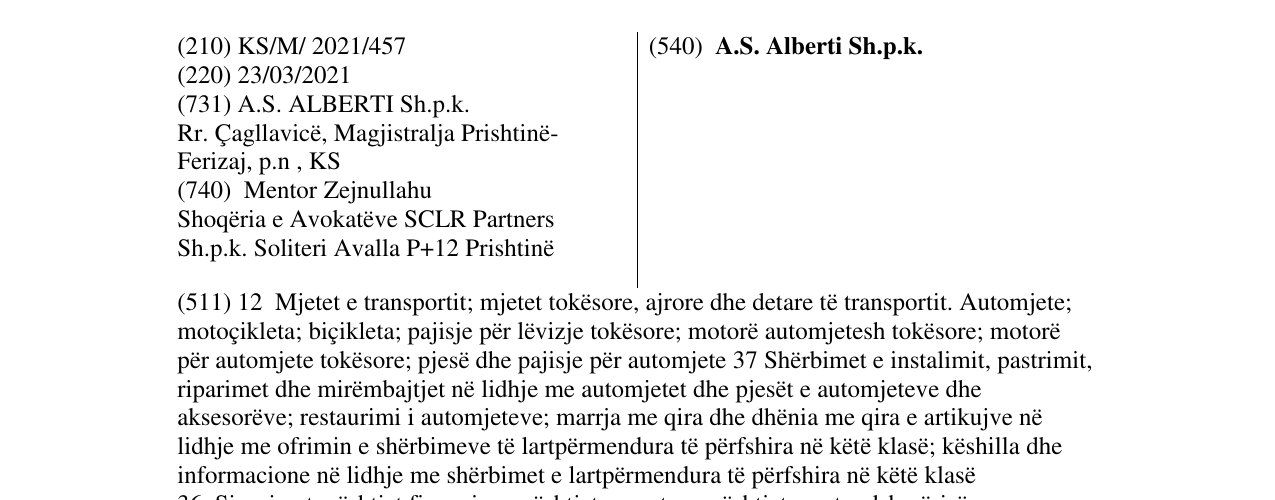 Zëri i markës A.S. Alberti Sh.p.k. në buletin