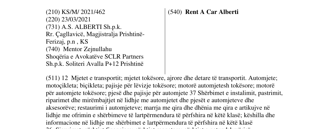 Zëri i markës Rent A Car Alberti në buletin