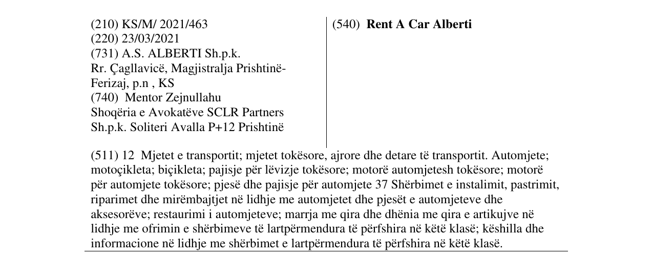 Zëri i markës Rent A Car Alberti në buletin