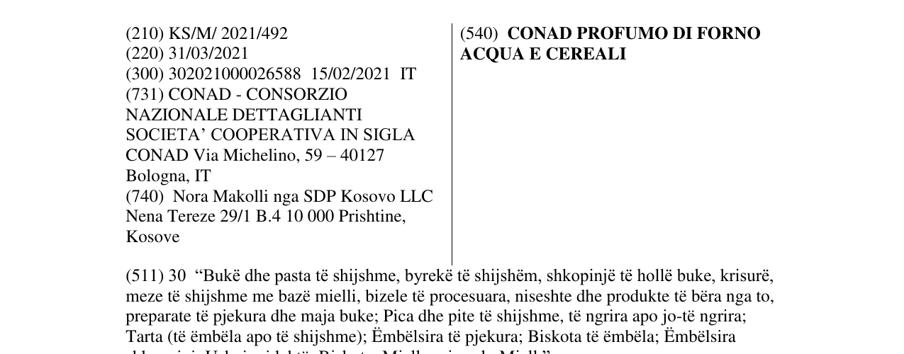 Zëri i markës CONAD PROFUMO DI FORNO ACQUA E CEREALI në buletin