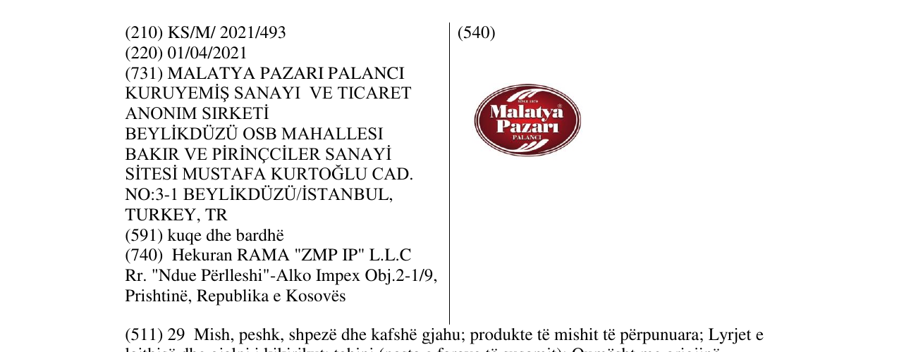 Zëri i markës Malatya Pazari në buletin
