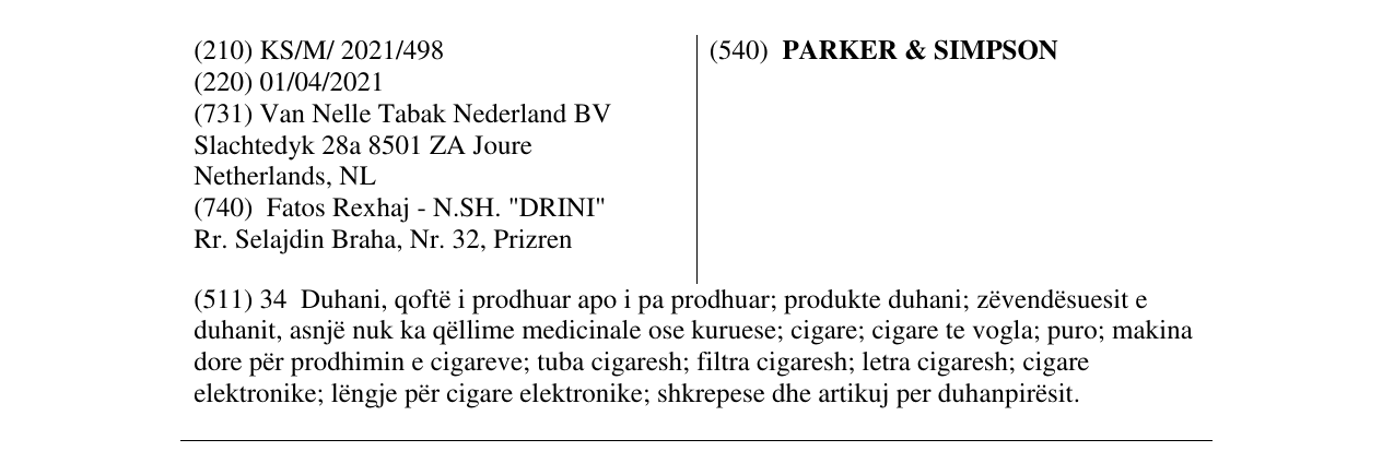 Zëri i markës PARKER & SIMPSON në buletin