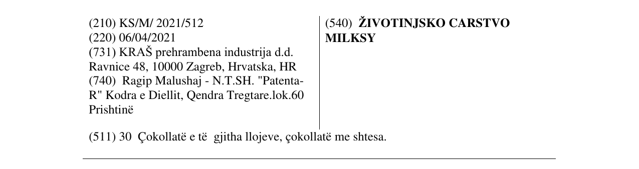 Zëri i markës ŽIVOTINJSKO CARSTVO MILKSY në buletin