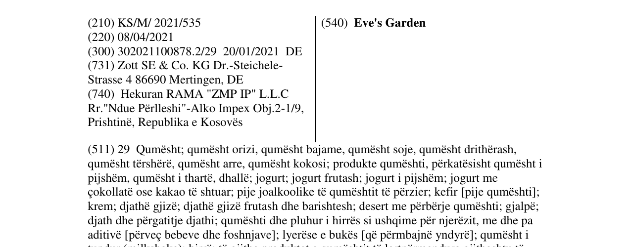 Zëri i markës Eve's Garden në buletin