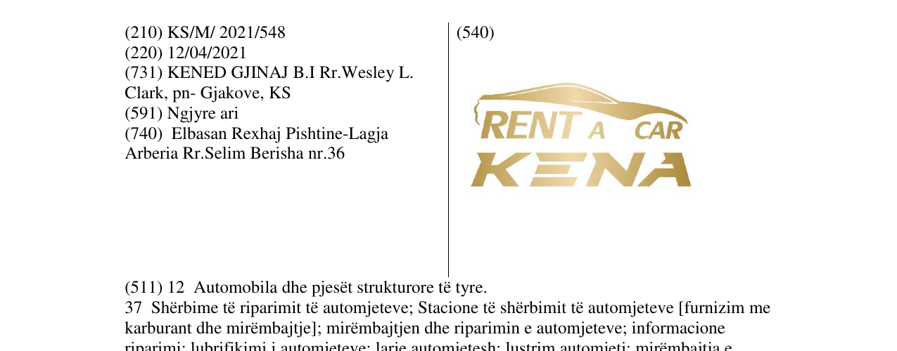 Zëri i markës RENT A CAR KENA në buletin