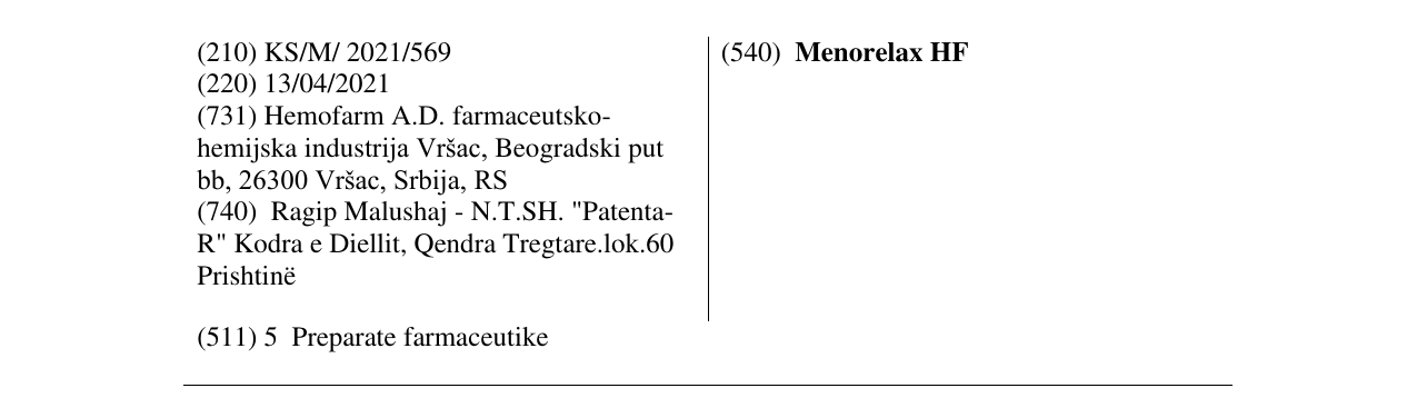 Zëri i markës Menorelax HF në buletin