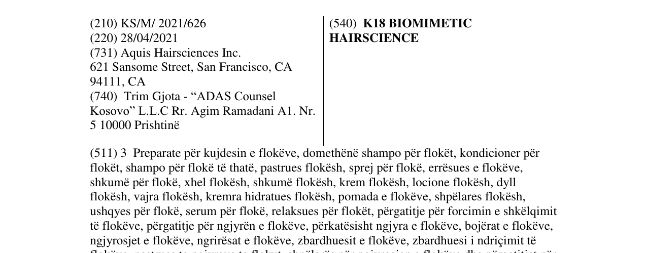 Zëri i markës K18 BIOMIMETIC HAIRSCIENCE në buletin
