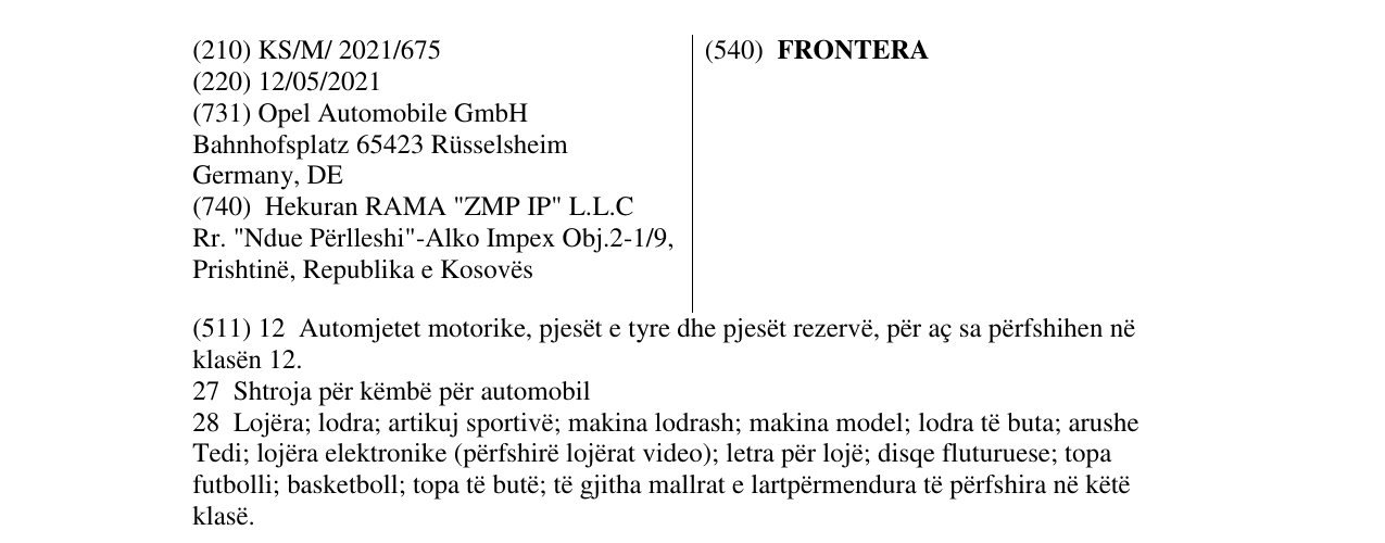 Zëri i markës FRONTERA në buletin