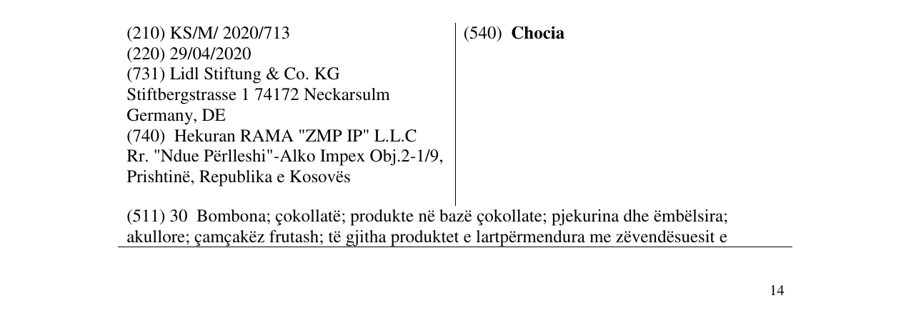 Zëri i markës Chocia në buletin