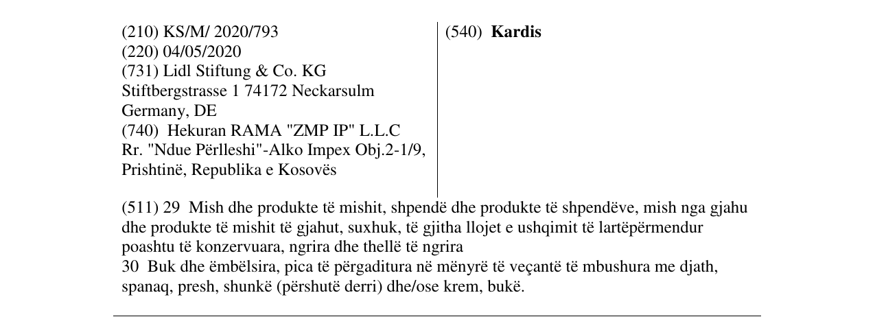 Zëri i markës Kardis në buletin