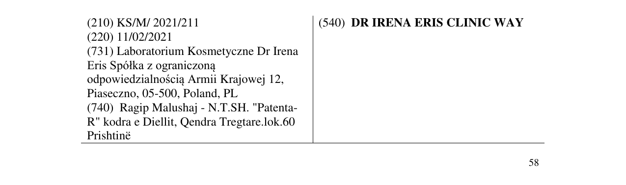 Zëri i markës DR IRENA ERIS CLINIC WAY në buletin
