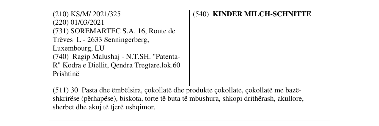 Zëri i markës KINDER MILCH-SCHNITTE në buletin