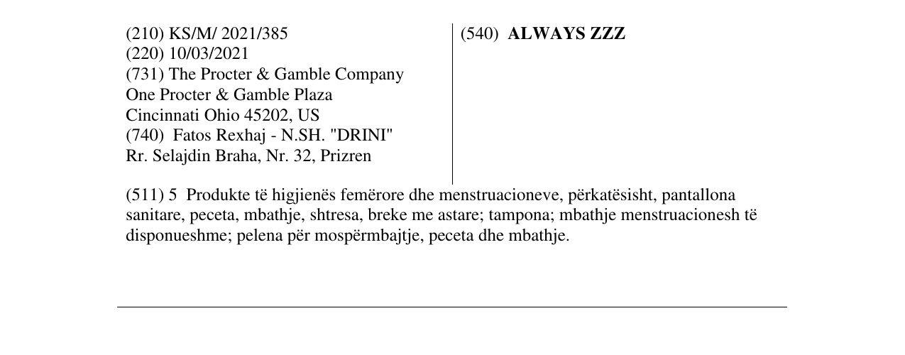Zëri i markës ALWAYS ZZZ në buletin