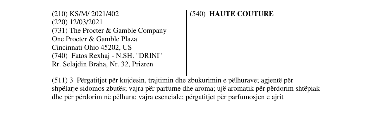 Zëri i markës HAUTE COUTURE në buletin