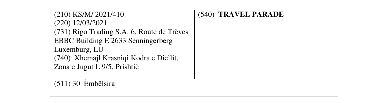 Zëri i markës TRAVEL PARADE në buletin