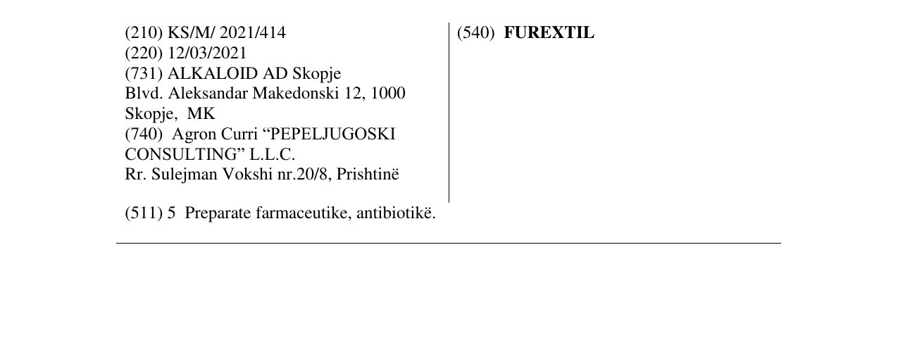 The entry of the trademark FUREXTIL in the bulletin