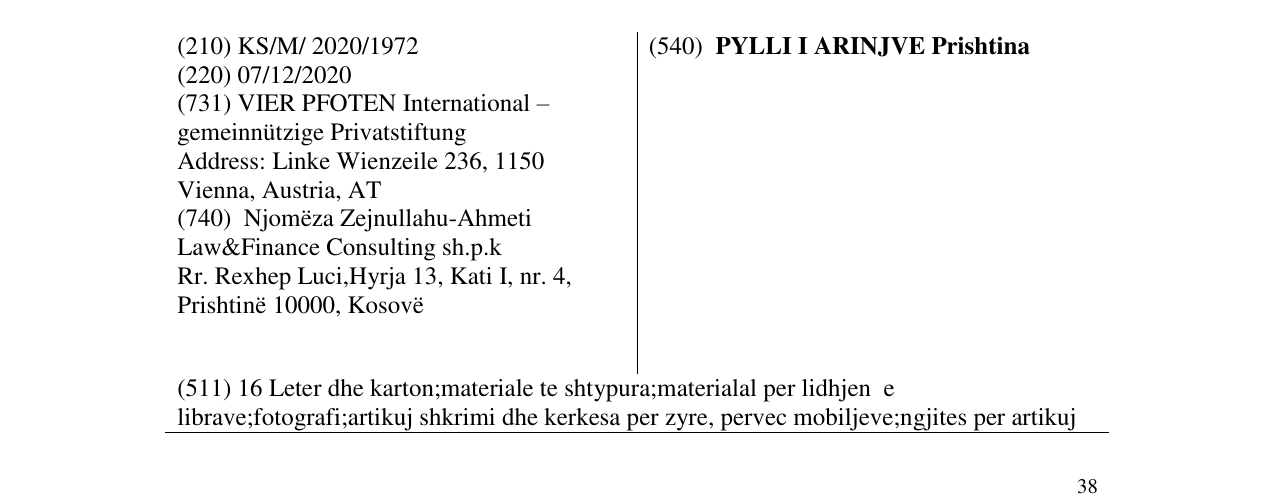 Zëri i markës PYLLI I ARINJVE Prishtina në buletin