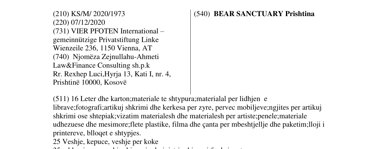 Zëri i markës BEAR SANCTUARY Prishtina në buletin