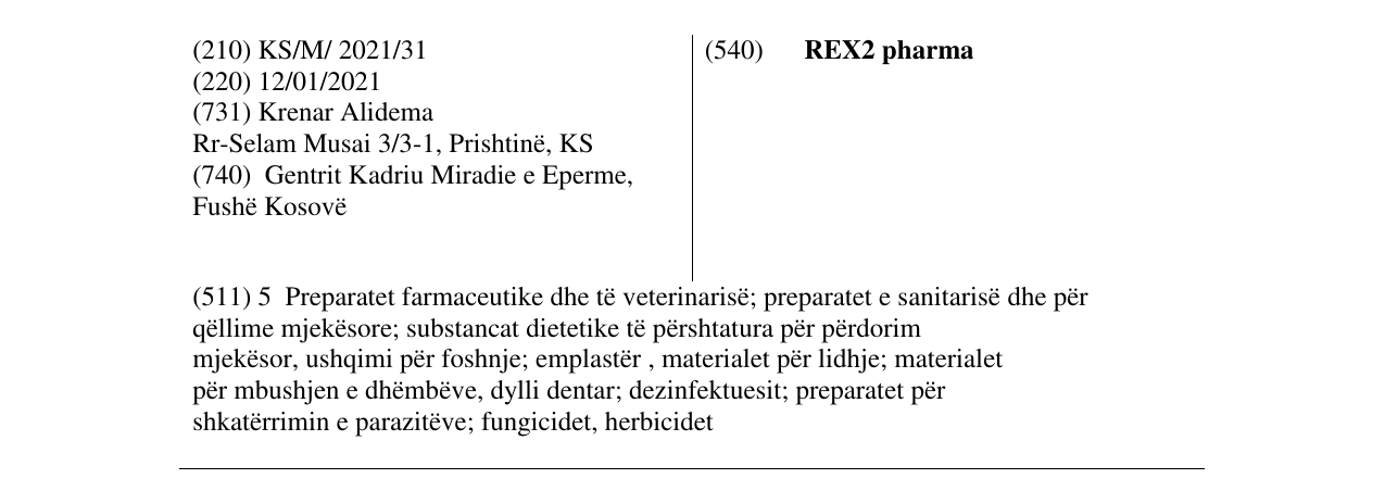 Zëri i markës REX2 pharma në buletin