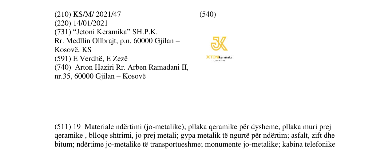 Zëri i markës JETONI keramika në buletin