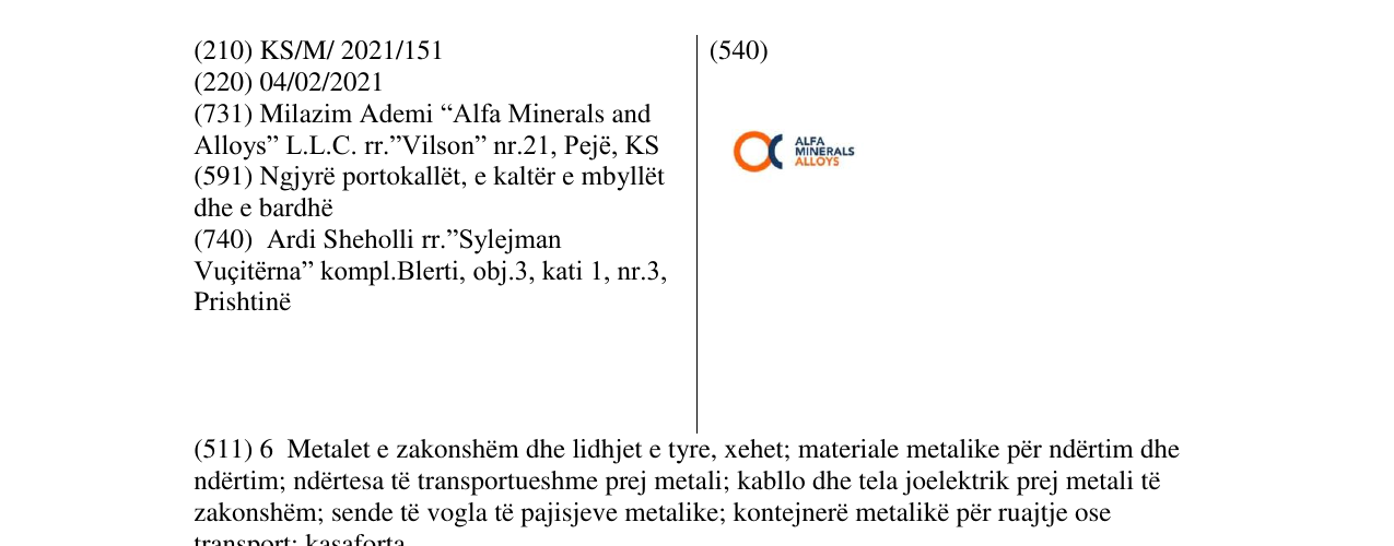 Zëri i markës ALFA MINERALS ALLOYS në buletin