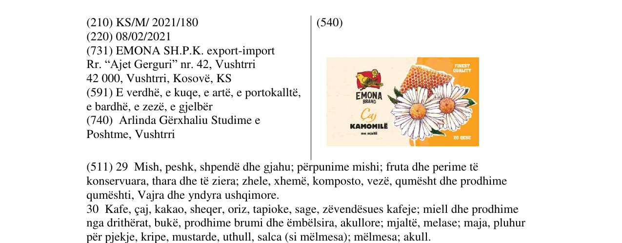 Zëri i markës EMONA BRAND CAJ KAMOMIL ME MJALT në buletin