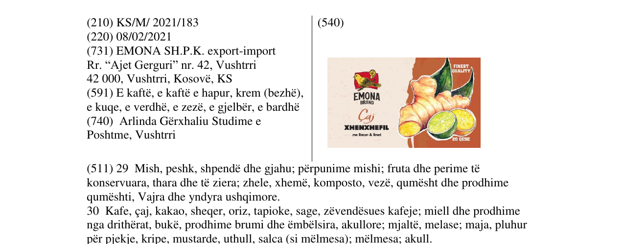 Zëri i markës EMONA BRAND caj XHENXHEFIL në buletin
