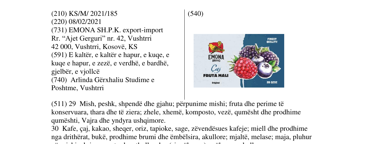 Zëri i markës emona brand caj fruta mali në buletin