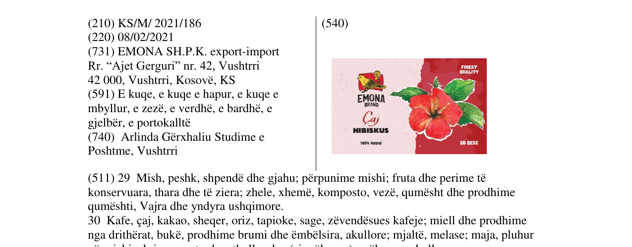 Emona brand caj HIBISKUS markasının bültendeki kaydı