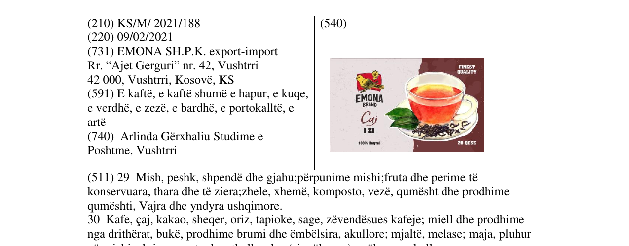 Zëri i markës EMONA BRAND CAJ I ZI në buletin