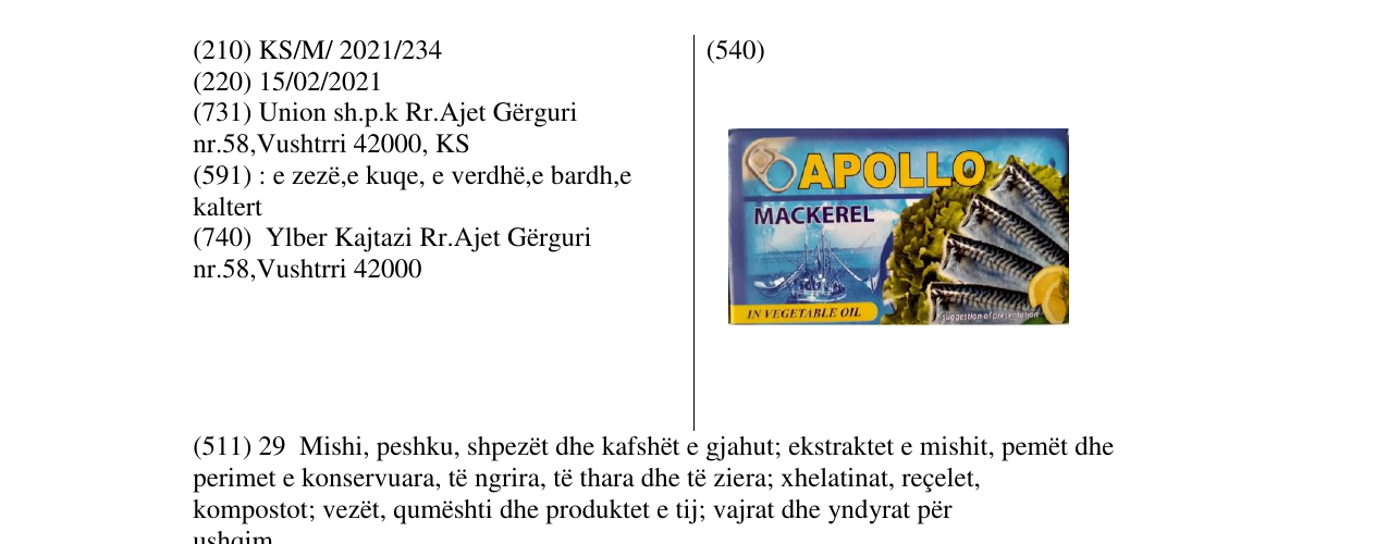 Zëri i markës APOLLO në buletin