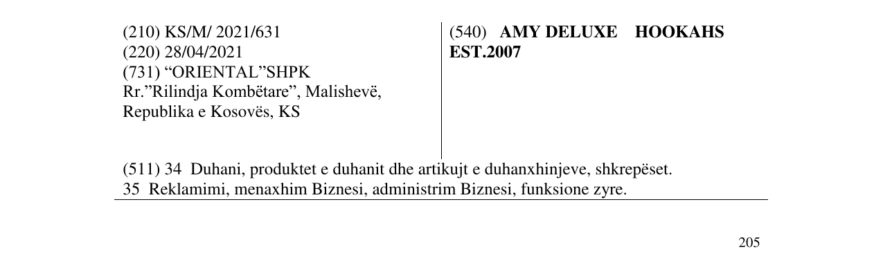 Zëri i markës AMY DELUXE HOOKAHS EST.2007 në buletin