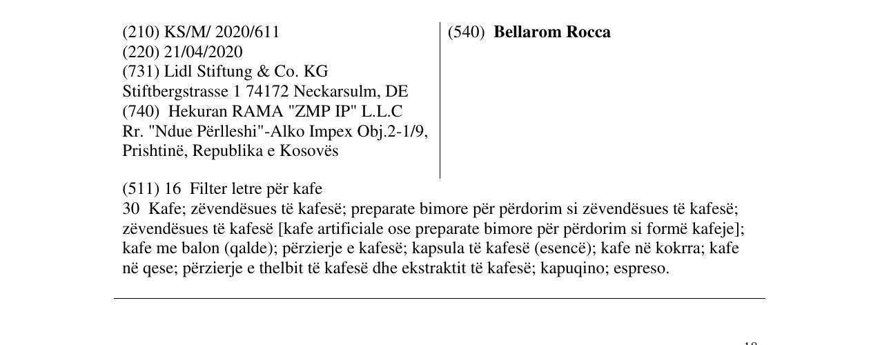 Zëri i markës Bellarom Rocca në buletin