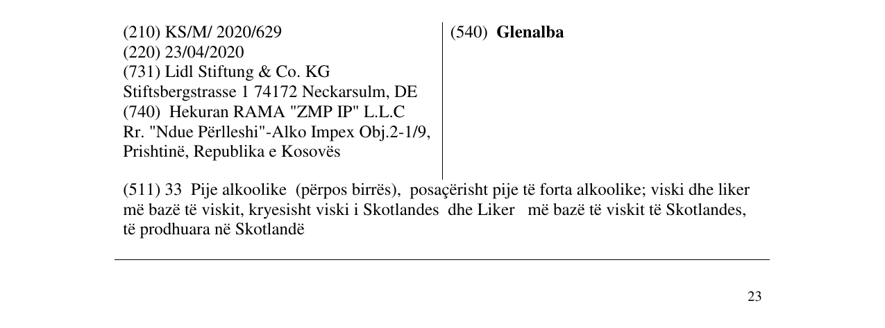 Zëri i markës Glenalba në buletin
