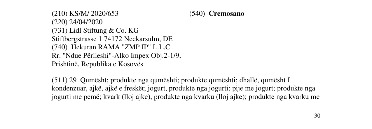 Zëri i markës Cremosano në buletin