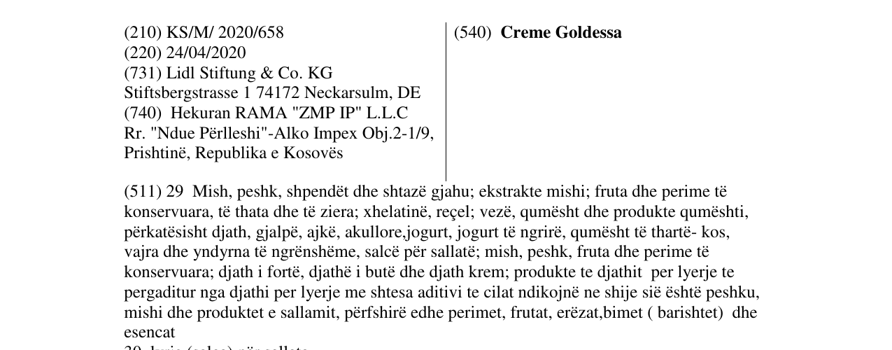 Zëri i markës Creme Goldessa në buletin