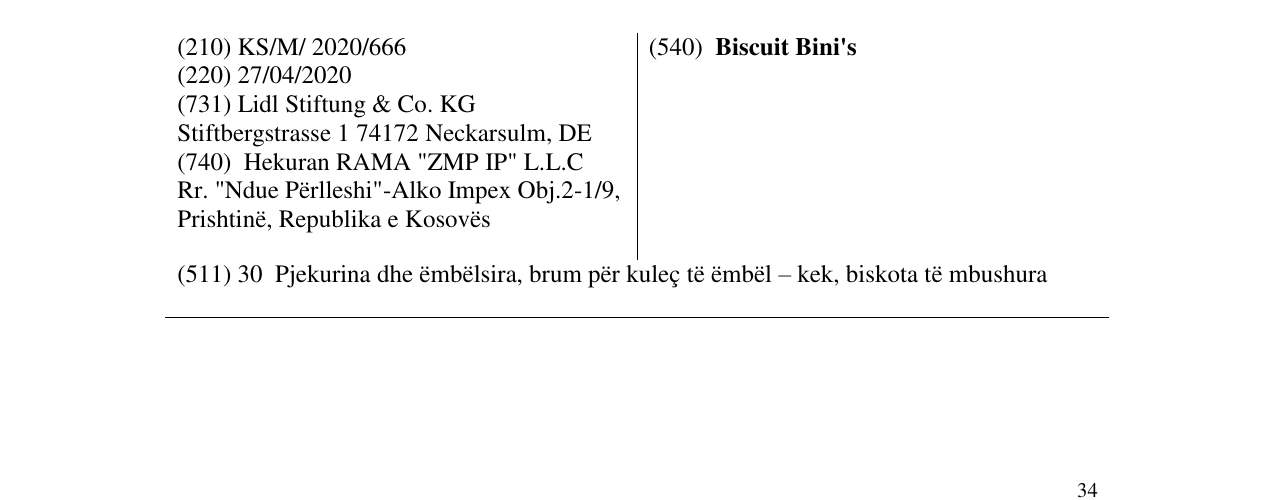 Zëri i markës Biscuit Bini's në buletin