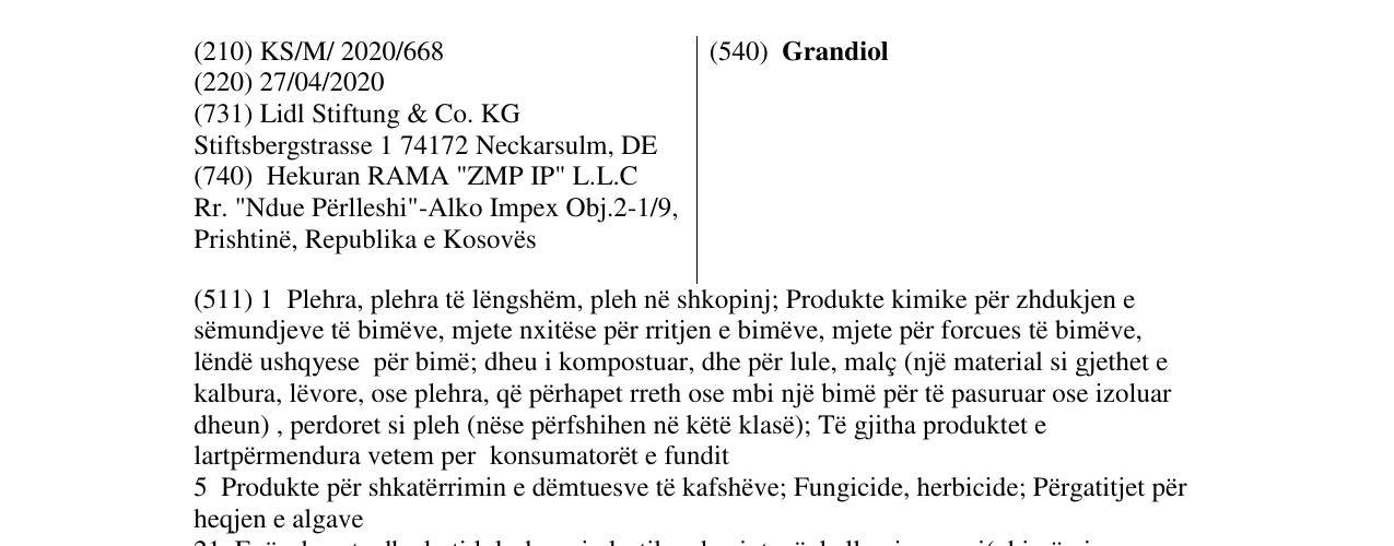 Zëri i markës Grandiol në buletin
