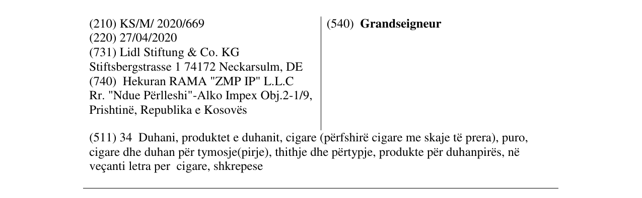 Zëri i markës Grandseigneur në buletin