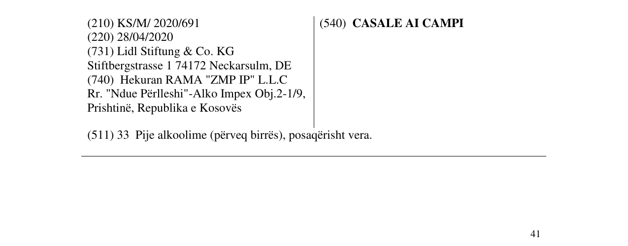 Zëri i markës CASALE AI CAMPI në buletin