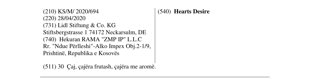 Zëri i markës Hearts Desire në buletin