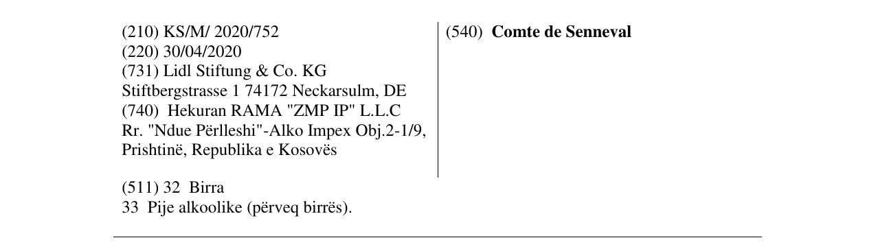 Zëri i markës Comte de Senneval në buletin