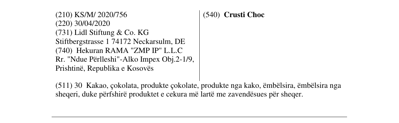 Zëri i markës Crusti Choc në buletin