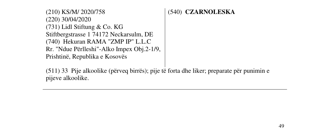 Zëri i markës CZARNOLESKA në buletin